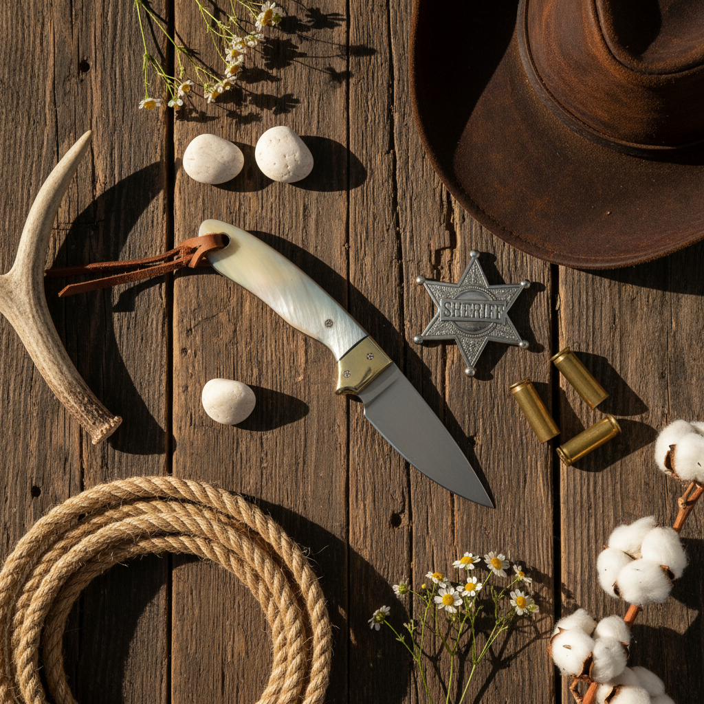 Mother of Pearl Handle Knife Western Flat Lay