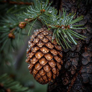 A close-up of a brown pine cone hanging from green pine branches with visible water droplets, set against dark tree bark and blurred foliage.