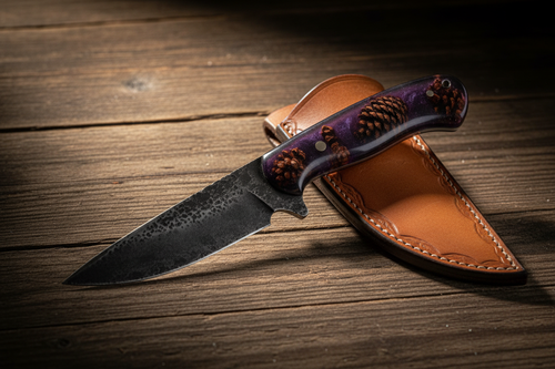 Rasp Steel Cowboy Knife with Purple Pinecone Resin Handle