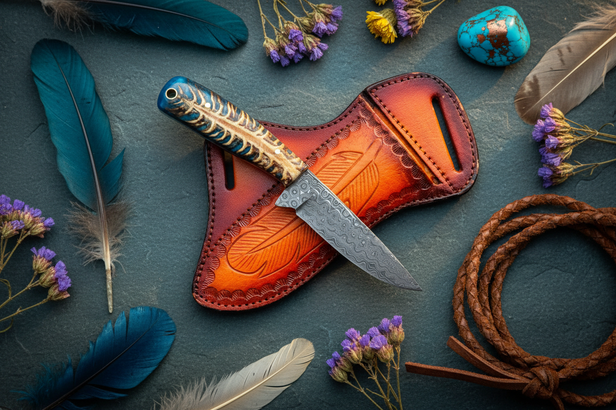 Western Belt Knife – Damascus Steel Blade & Blue Pine Cone Resin Handle | 8"