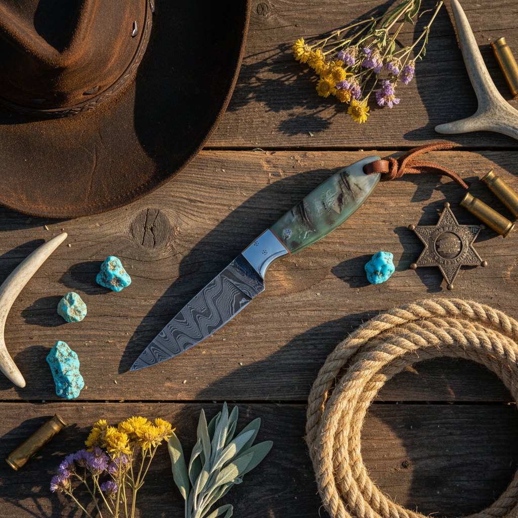 Duty Belt Knife – Damascus Steel, Sheep Horn Handle & Steel Bolster with Leather Sheath | 6.25"