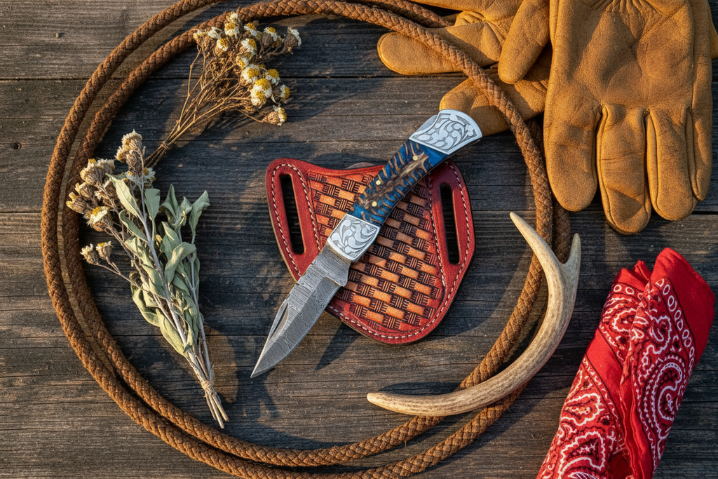 Western Cowboy Damascus Knife Blue Resin Basket Weave Sheath Flat Lay
