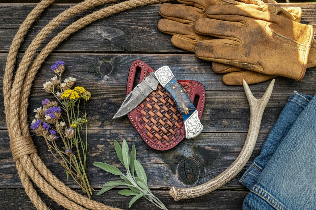 Western Cowboy Damascus Knife Blue Resin Handle Lifestyle Flat Lay
