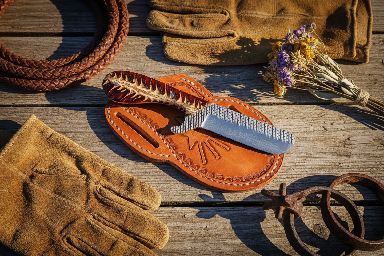 Red Mesa Ranch Bull Cutter Knife with a handmade Rasp Steel blade, Red Epoxy Pine Cone Resin handle, 8-inch overall length, and genuine leather sheath.